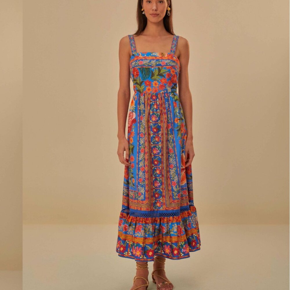 FARM Rio Vibrant Blue Floral Midi Dress with Orange & Pink Blooms - Picture 8 of 16